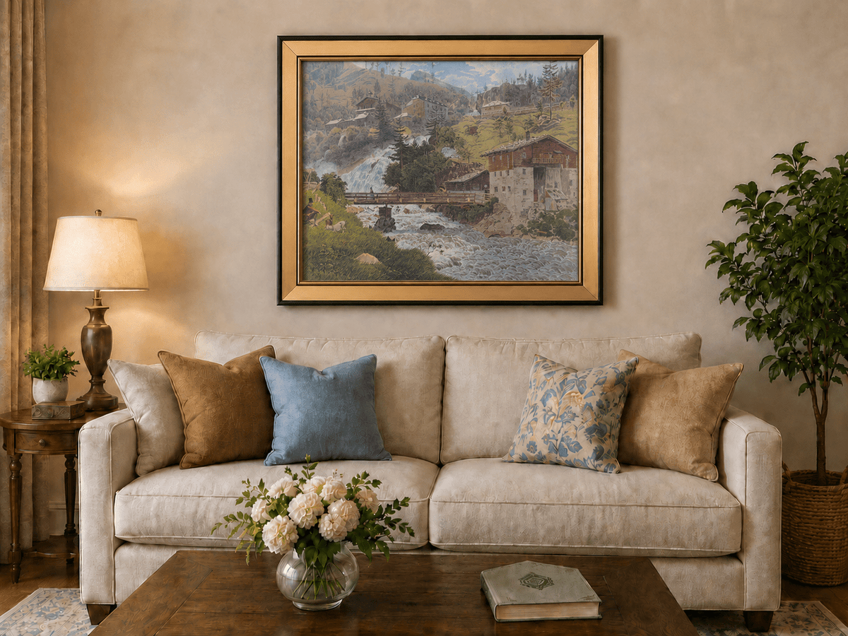 Landscape Oil Painting - Alpine Waterfall Village Scene