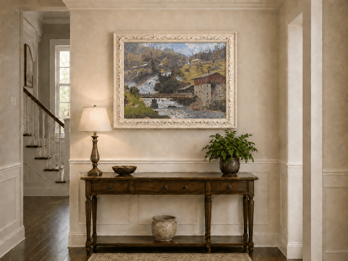 Landscape Oil Painting - Alpine Waterfall Village Scene