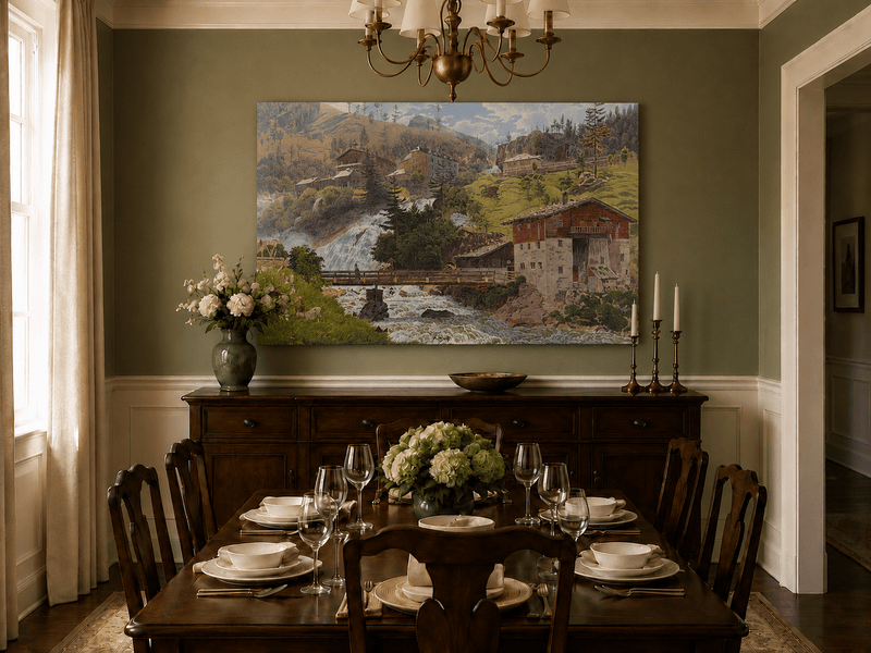 Landscape Oil Painting - Alpine Waterfall Village Scene