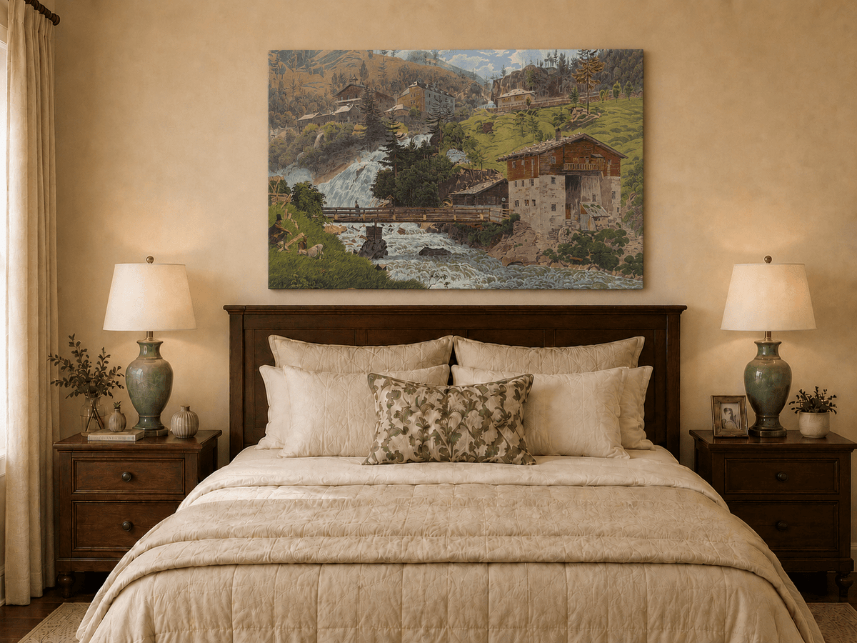 Landscape Oil Painting - Alpine Waterfall Village Scene