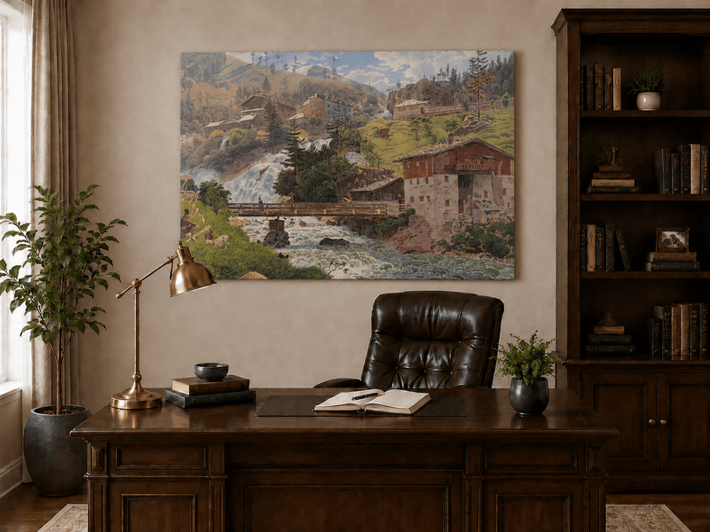 Landscape Oil Painting - Alpine Waterfall Village Scene