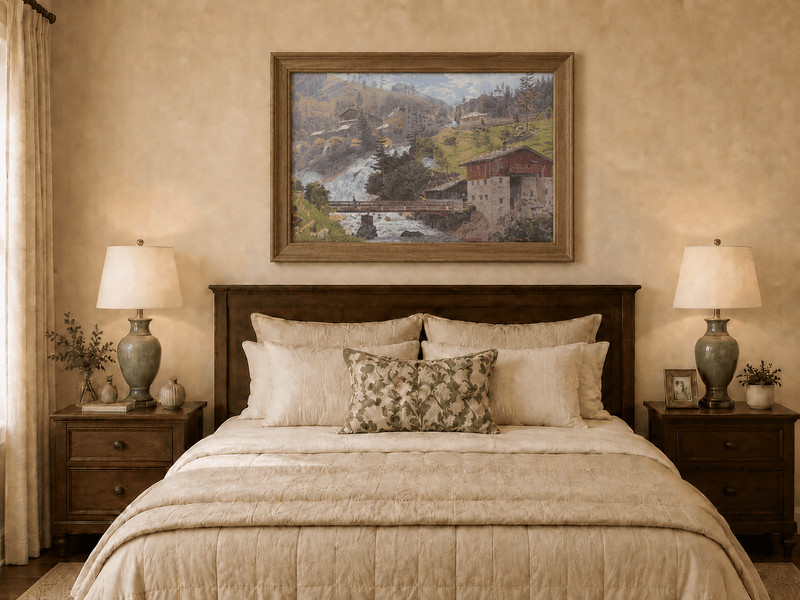 Landscape Oil Painting - Alpine Waterfall Village Scene