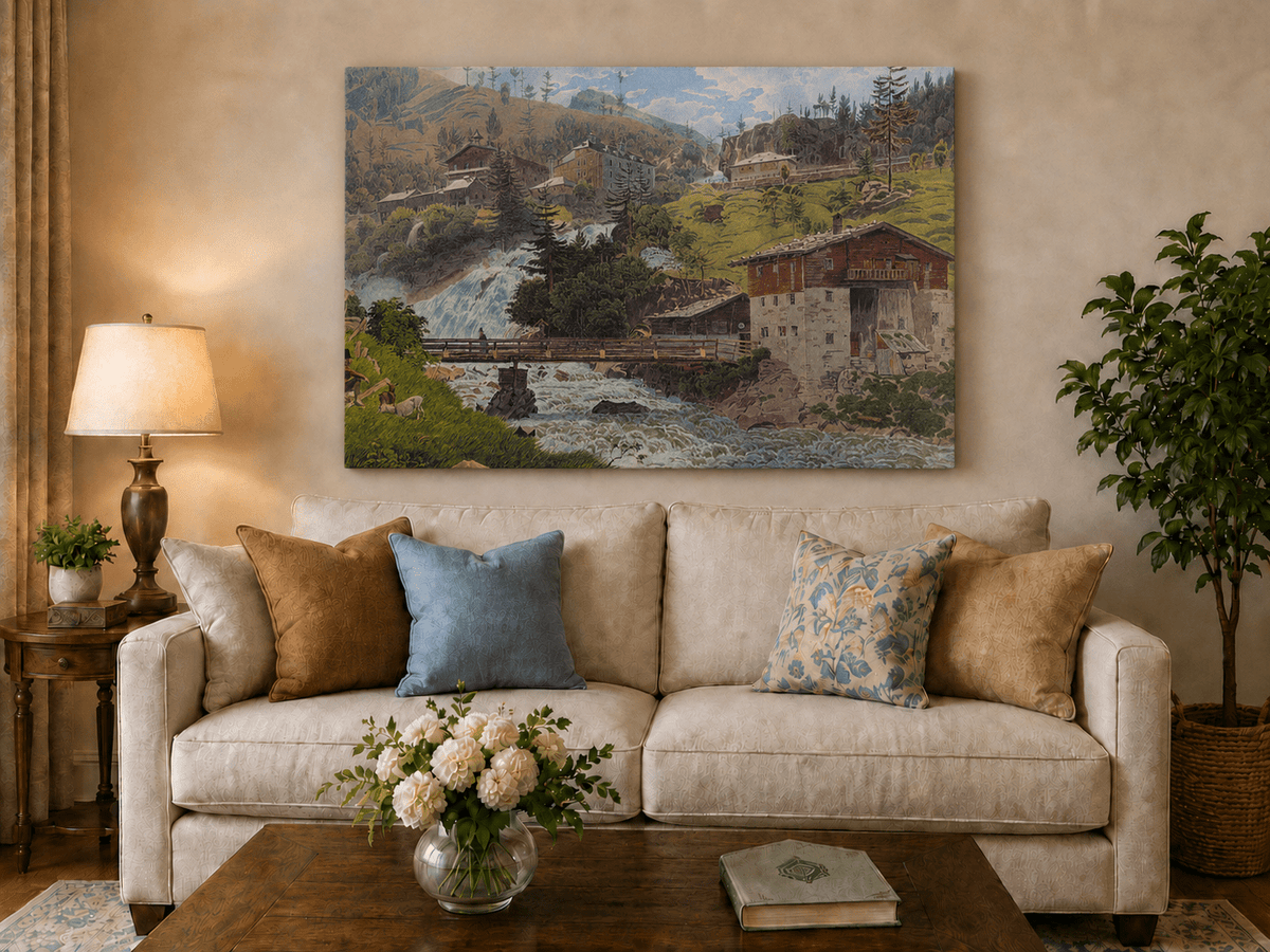 Landscape Oil Painting - Alpine Waterfall Village Scene