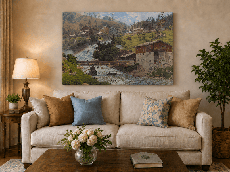 Landscape Oil Painting - Alpine Waterfall Village Scene