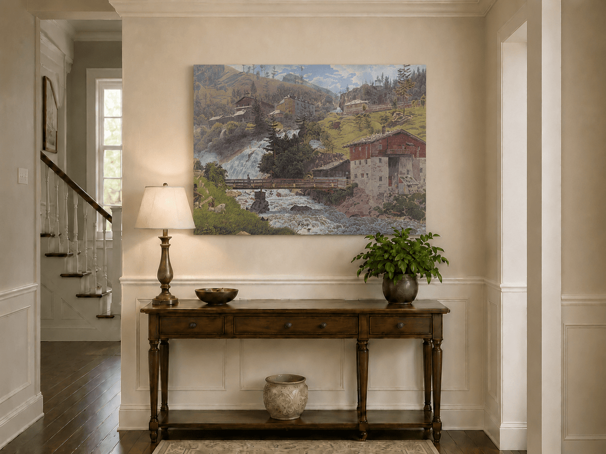 Landscape Oil Painting - Alpine Waterfall Village Scene