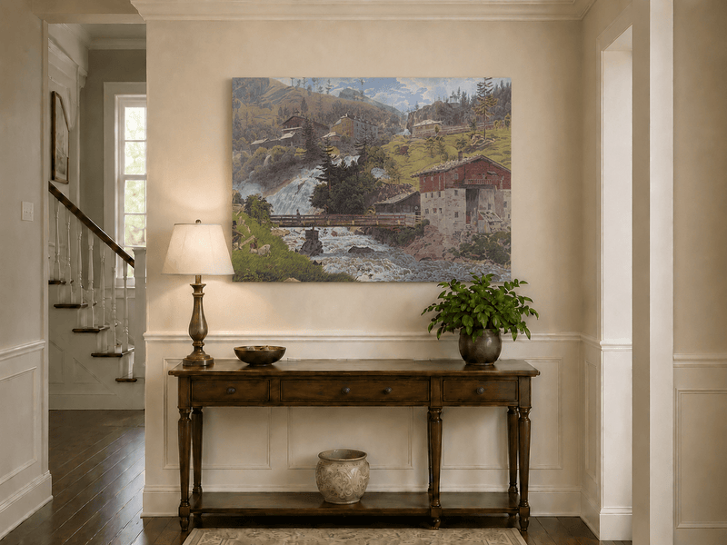 Landscape Oil Painting - Alpine Waterfall Village Scene