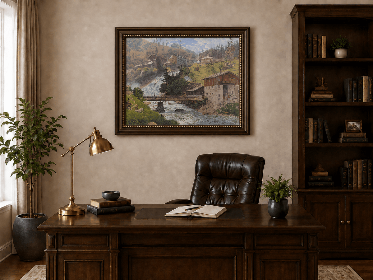 Landscape Oil Painting - Alpine Waterfall Village Scene