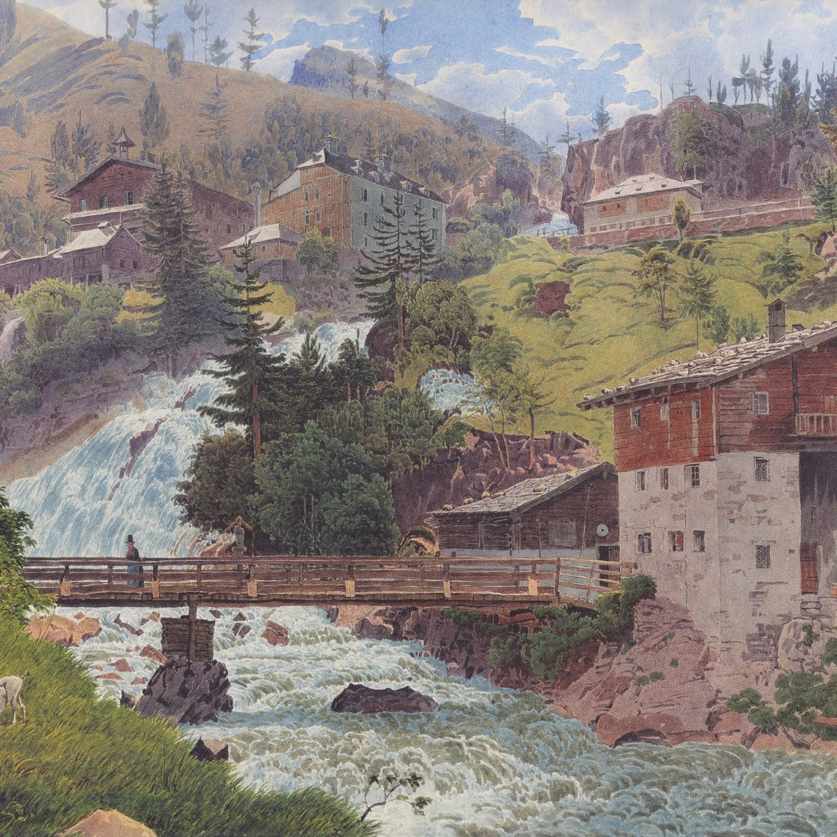 Hand-painted alpine waterfall village scene landscape oil painting on canvas