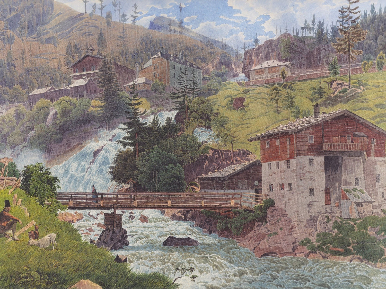 Hand-painted alpine waterfall village scene landscape oil painting on canvas
