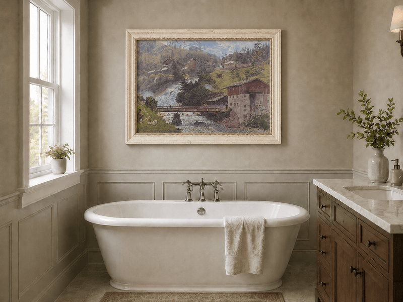 Landscape Oil Painting - Alpine Waterfall Village Scene