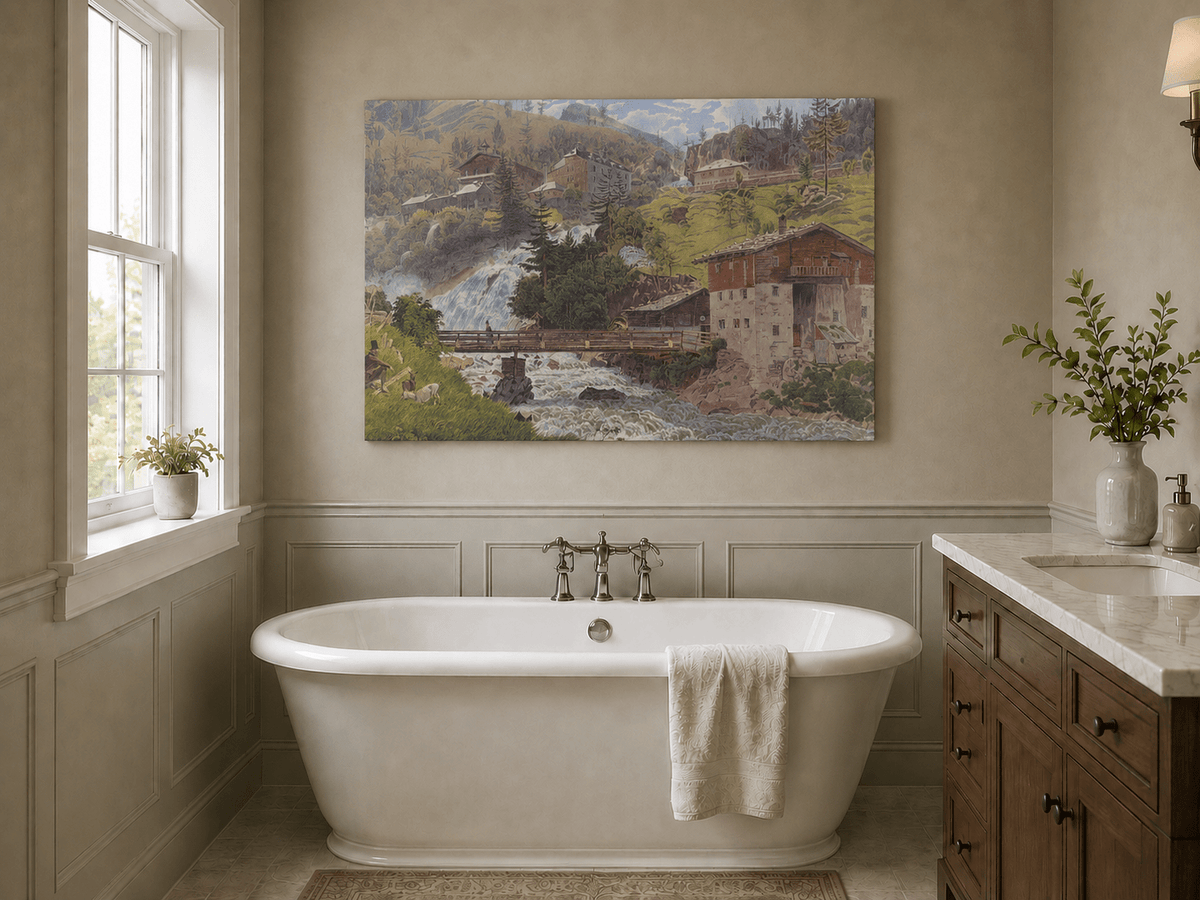 Landscape Oil Painting - Alpine Waterfall Village Scene