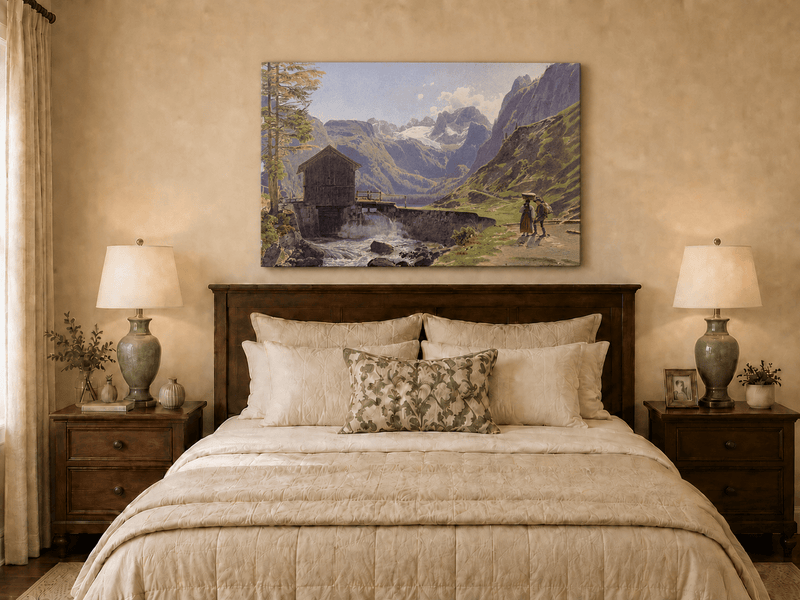 Landscape Oil Painting - Alpine Watermill and Glacier Lake