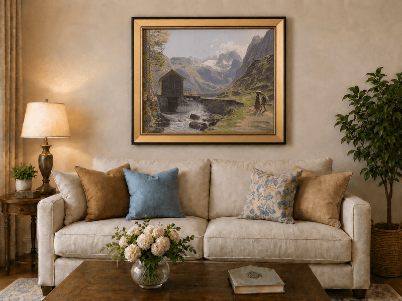 Landscape Oil Painting - Alpine Watermill and Glacier Lake