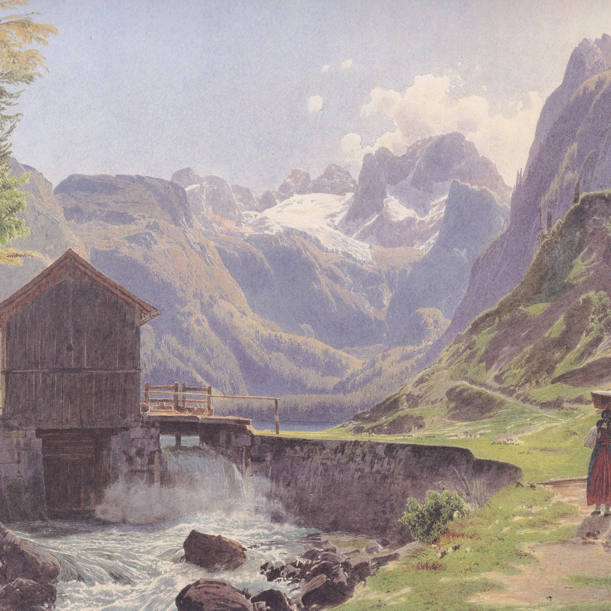 Landscape Oil Painting - Alpine Watermill and Glacier Lake