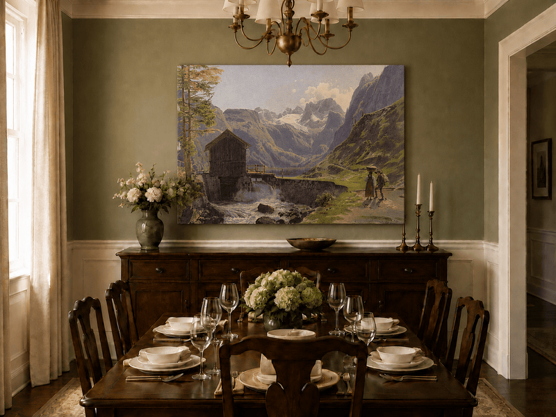 Landscape Oil Painting - Alpine Watermill and Glacier Lake