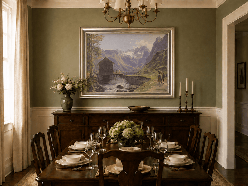 Landscape Oil Painting - Alpine Watermill and Glacier Lake