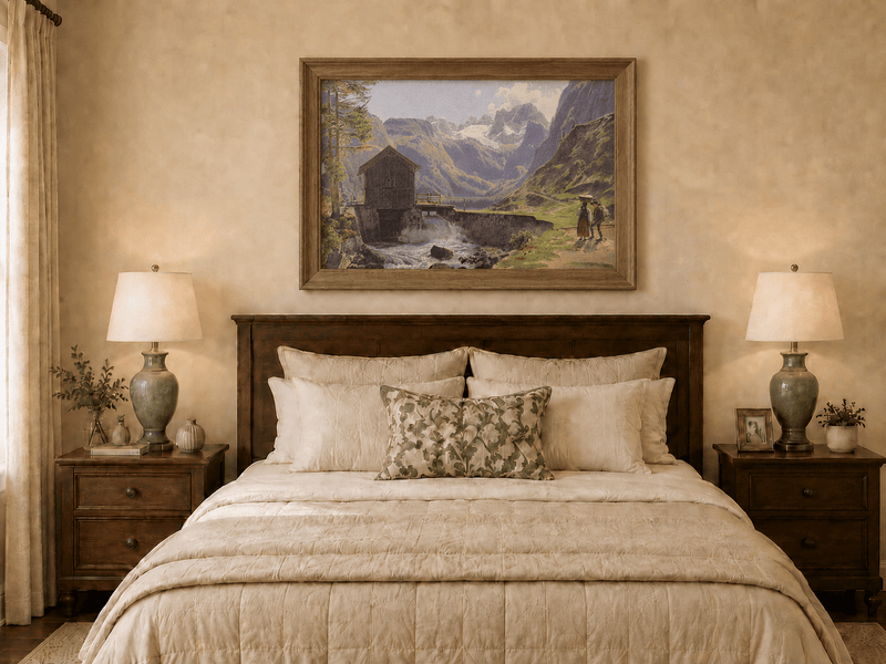 Landscape Oil Painting - Alpine Watermill and Glacier Lake