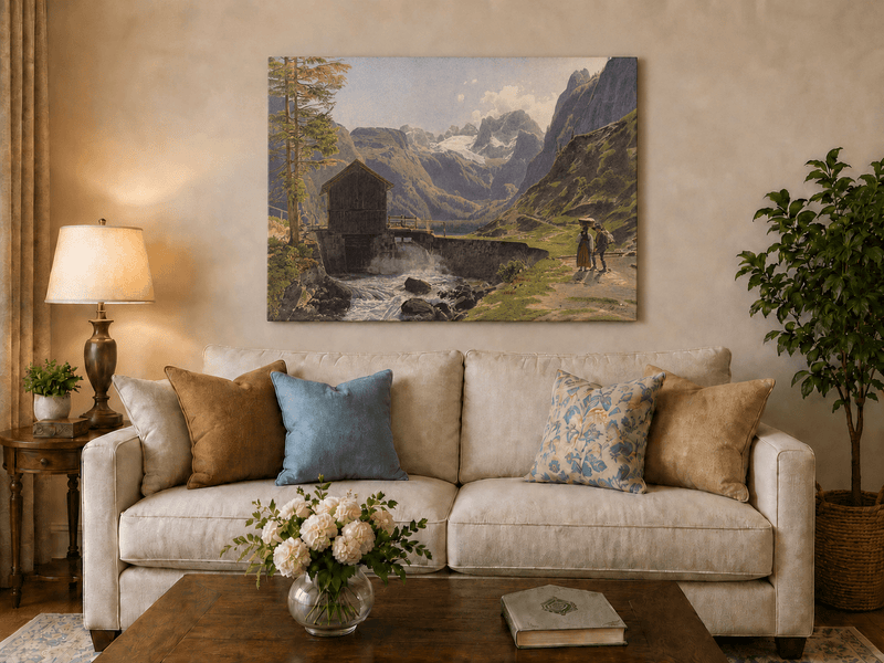 Landscape Oil Painting - Alpine Watermill and Glacier Lake