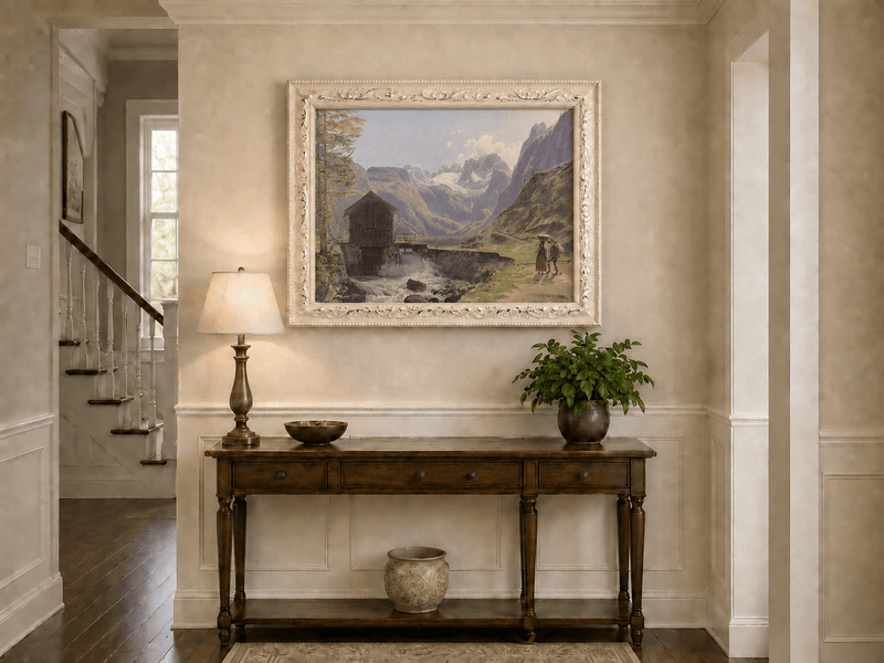Landscape Oil Painting - Alpine Watermill and Glacier Lake