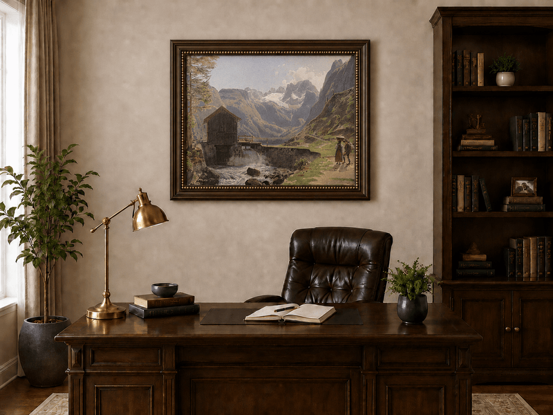 Landscape Oil Painting - Alpine Watermill and Glacier Lake