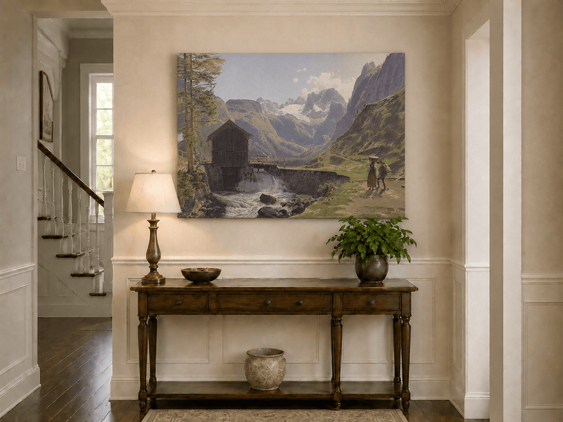Landscape Oil Painting - Alpine Watermill and Glacier Lake