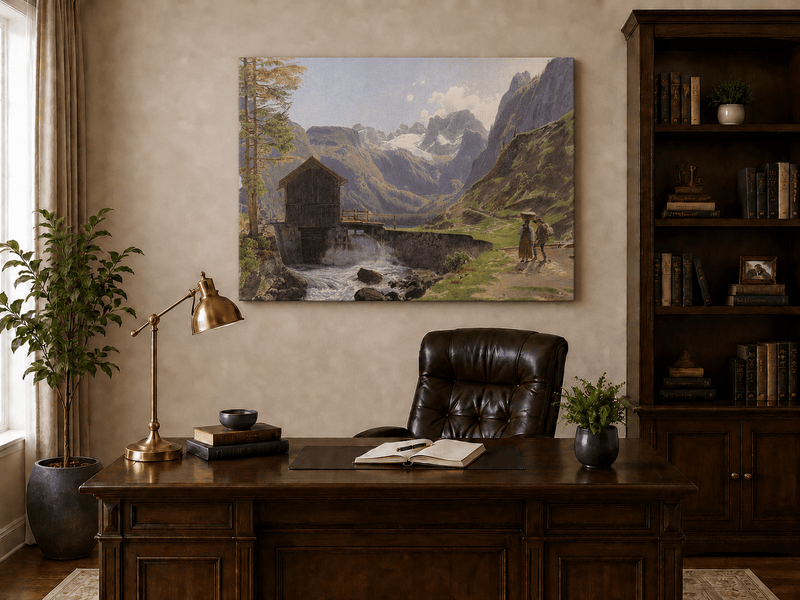 Landscape Oil Painting - Alpine Watermill and Glacier Lake