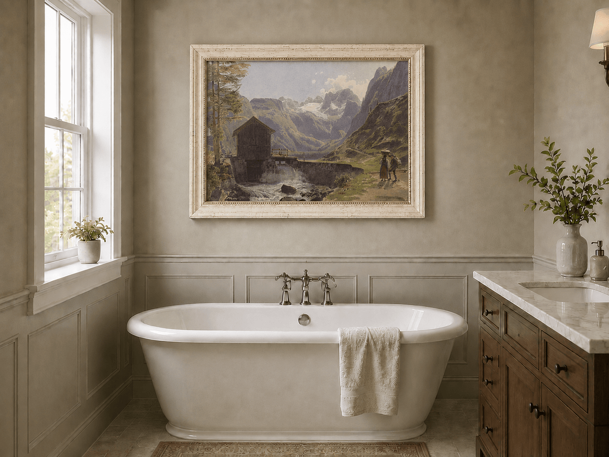 Landscape Oil Painting - Alpine Watermill and Glacier Lake
