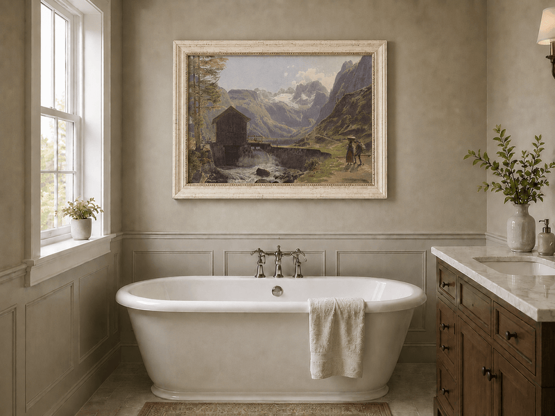 Landscape Oil Painting - Alpine Watermill and Glacier Lake