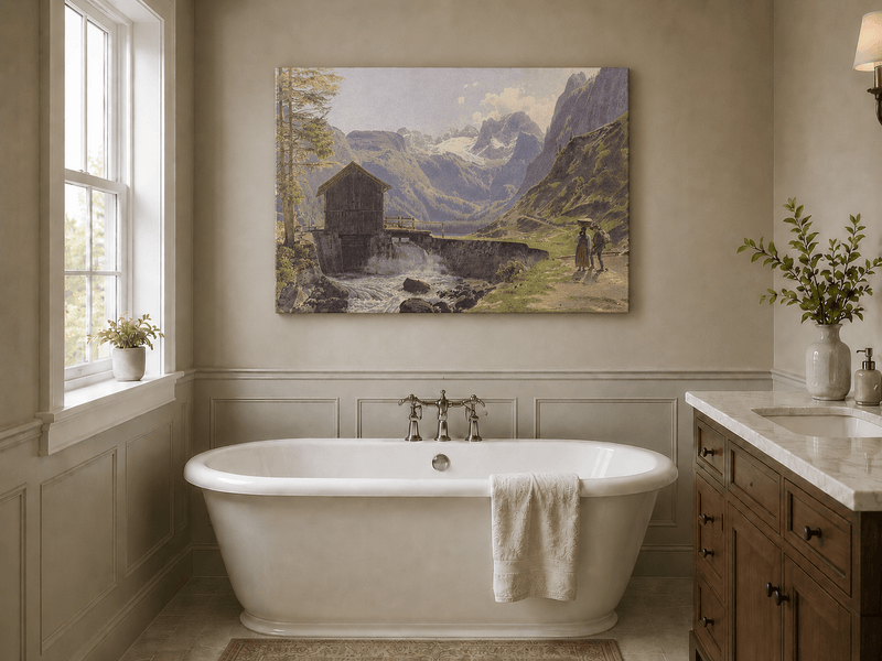 Landscape Oil Painting - Alpine Watermill and Glacier Lake