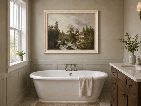 Hand-painted alpine watermill, stream and misty mountain peaks landscape oil painting displayed in a bathroom interior above a bathtub.
