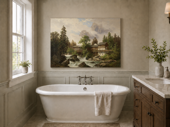 Hand-painted alpine watermill, stream and misty mountain peaks landscape oil painting displayed in a bathroom interior above a bathtub.