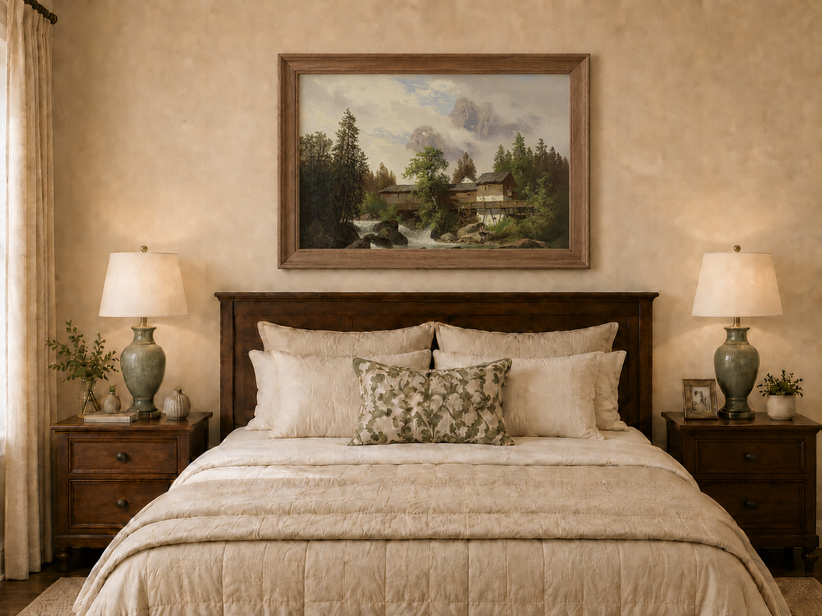 Hand-painted alpine watermill, stream and misty mountain peaks landscape oil painting displayed above a bed in a bedroom interior.