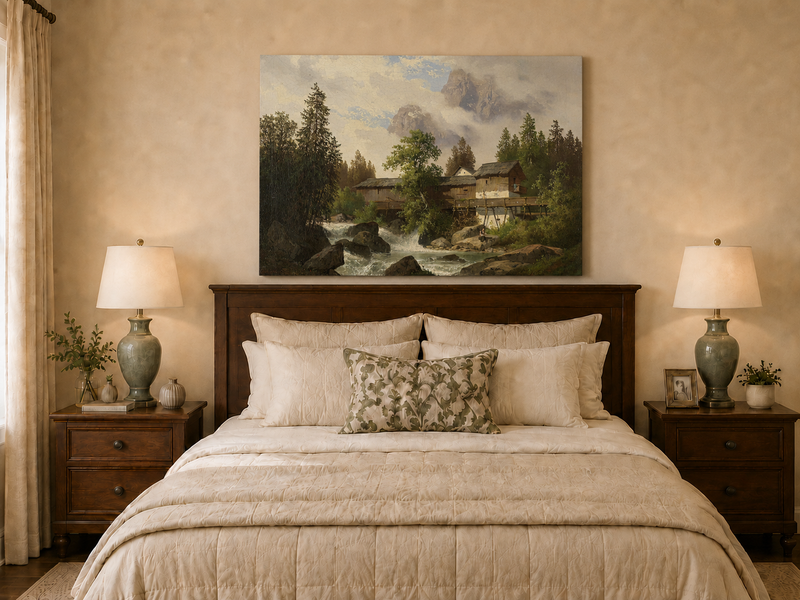 Hand-painted alpine watermill, stream and misty mountain peaks landscape oil painting displayed above a bed in a bedroom interior.