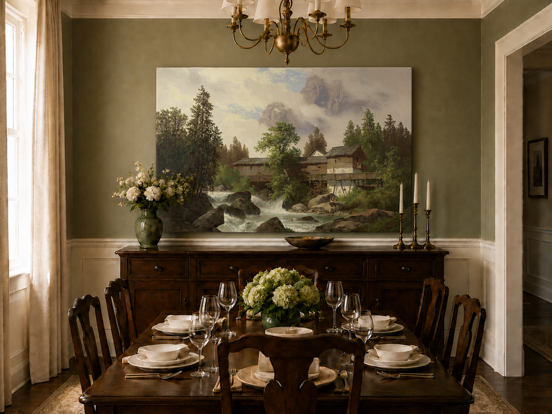 Hand-painted alpine watermill, stream and misty mountain peaks landscape oil painting displayed in a dining room interior.