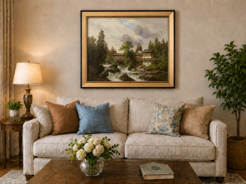Hand-painted alpine watermill, stream and misty mountain peaks landscape oil painting displayed above a sofa in a living room interior.