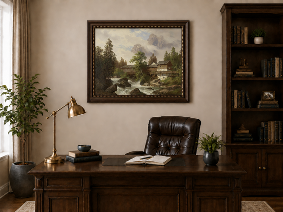 Hand-painted alpine watermill, stream and misty mountain peaks landscape oil painting displayed above a desk in a home office interior.