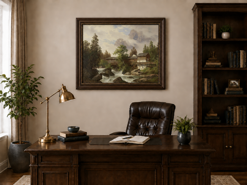 Hand-painted alpine watermill, stream and misty mountain peaks landscape oil painting displayed above a desk in a home office interior.