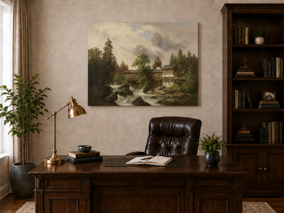 Hand-painted alpine watermill, stream and misty mountain peaks landscape oil painting displayed above a desk in a home office interior.