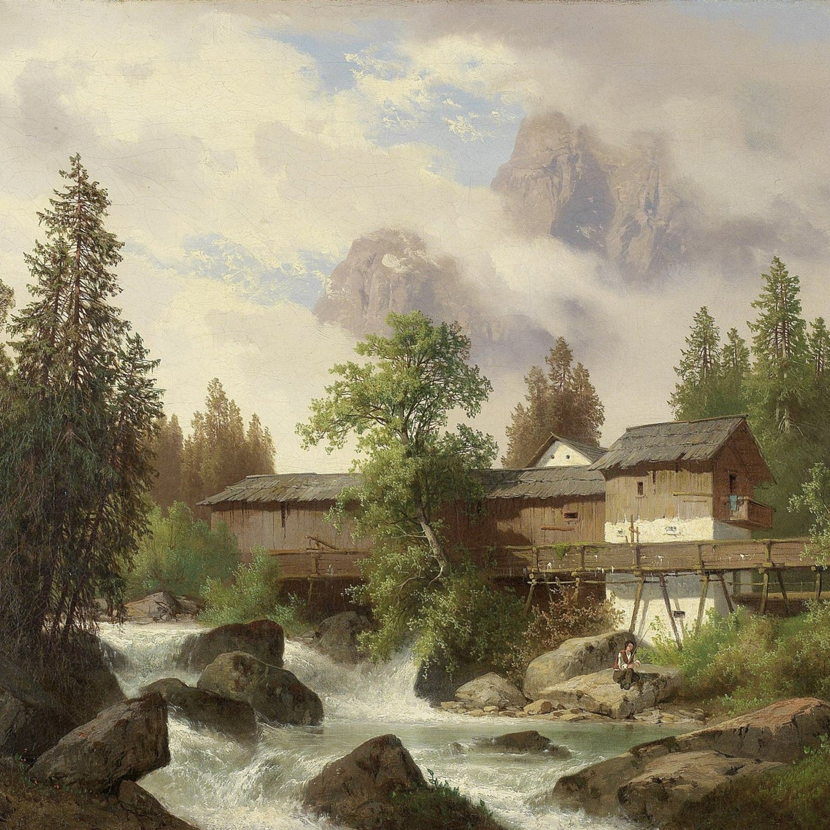 Landscape Oil Painting - Alpine Watermill, Stream & Misty Mountain Peaks - Oil Painting Haven