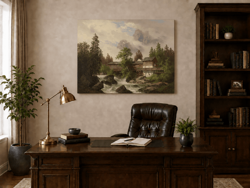 Hand-painted alpine watermill, stream and misty mountain peaks landscape oil painting displayed above a desk in a home office interior.