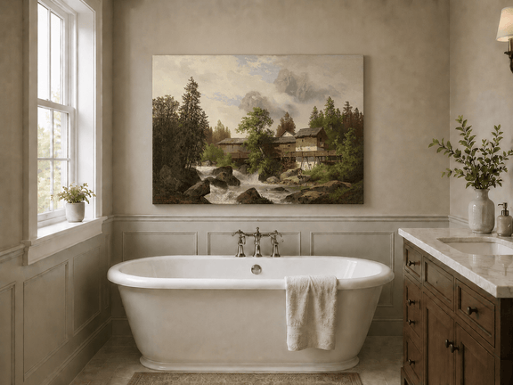 Hand-painted alpine watermill, stream and misty mountain peaks landscape oil painting displayed in a bathroom interior above a bathtub.