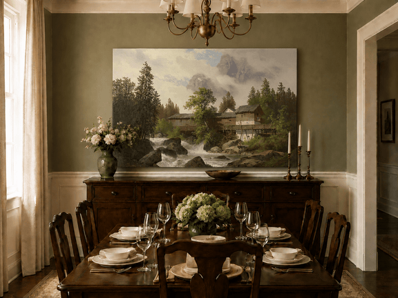Hand-painted alpine watermill, stream and misty mountain peaks landscape oil painting displayed in a dining room interior.