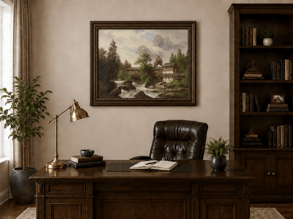 Hand-painted alpine watermill, stream and misty mountain peaks landscape oil painting displayed above a desk in a home office interior.