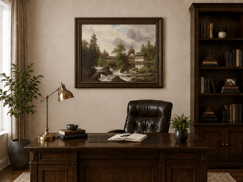 Hand-painted alpine watermill, stream and misty mountain peaks landscape oil painting displayed above a desk in a home office interior.