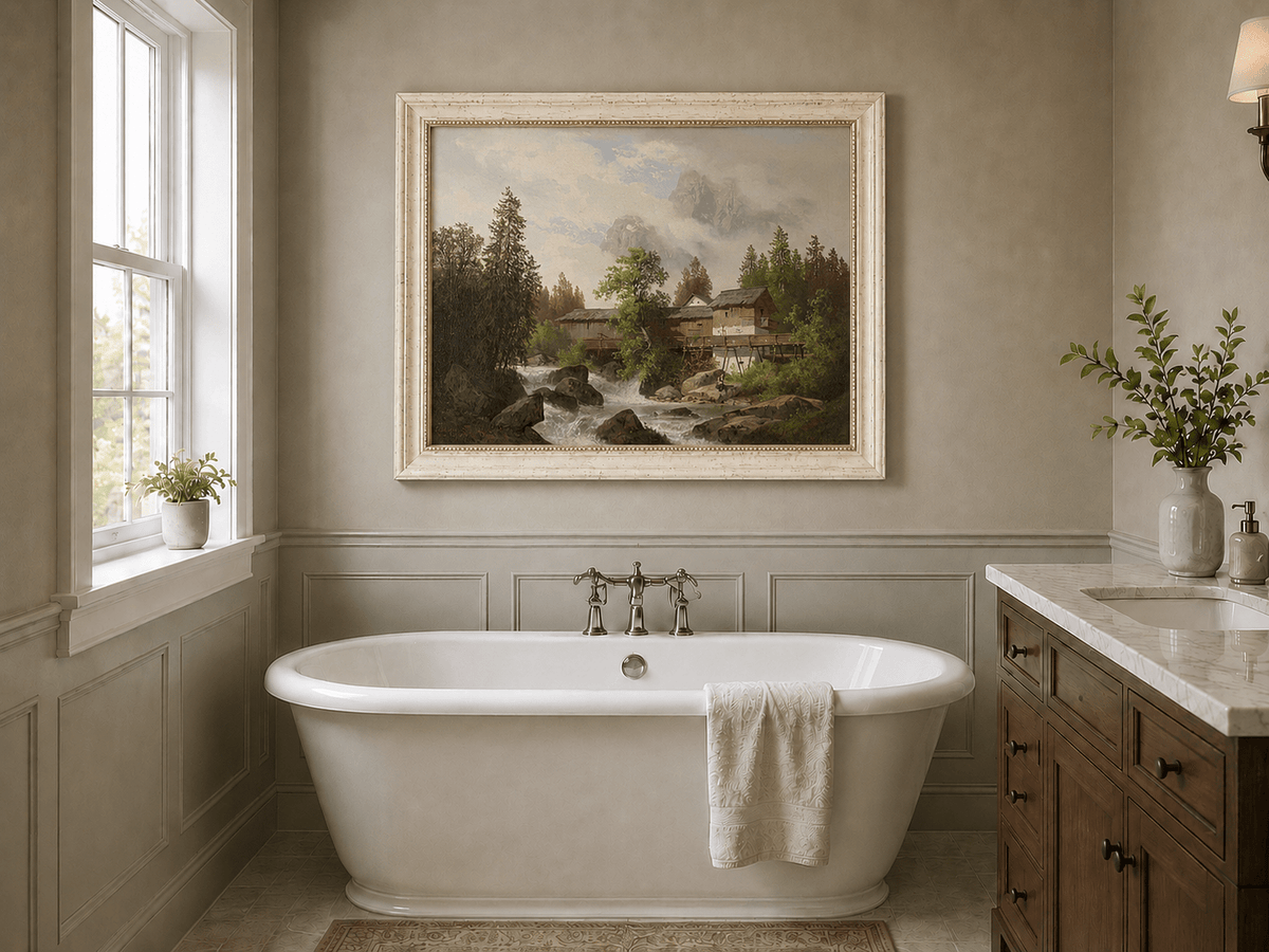 Hand-painted alpine watermill, stream and misty mountain peaks landscape oil painting displayed in a bathroom interior above a bathtub.