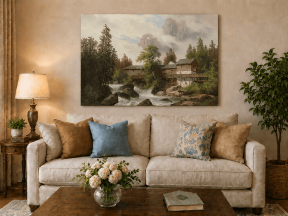 Hand-painted alpine watermill, stream and misty mountain peaks landscape oil painting displayed above a sofa in a living room interior.