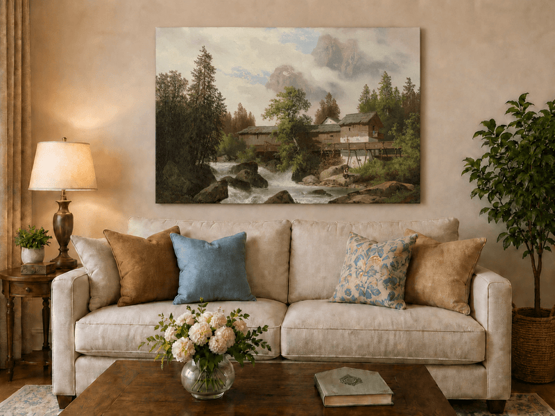 Hand-painted alpine watermill, stream and misty mountain peaks landscape oil painting displayed above a sofa in a living room interior.