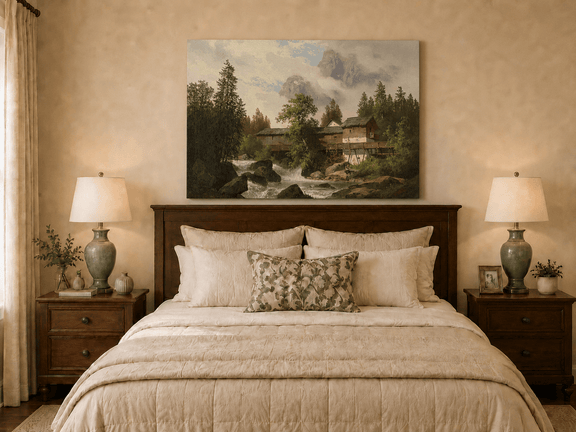 Hand-painted alpine watermill, stream and misty mountain peaks landscape oil painting displayed above a bed in a bedroom interior.