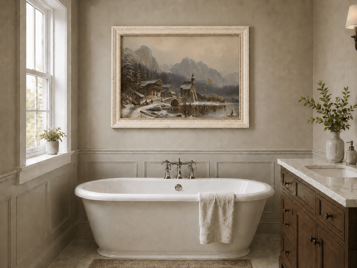 Peinture à l'huile de paysage - Village alpin hivernal au bord du lac