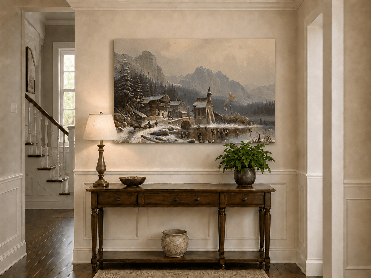 Peinture à l'huile de paysage - Village alpin hivernal au bord du lac
